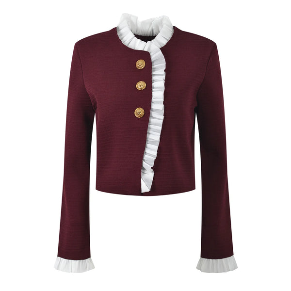 Maroon jacket with white ruffled collar and cuffs on a white background