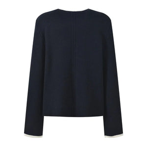 Navy blue long-sleeve top on a white background