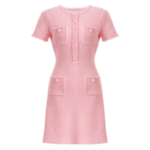 Elegant Knitted Beaded Short a Line Dresses Women Short Sleeve Formal Event Party Outfit Luxury Pink Tweed Mini Dress With Pearl Winteres