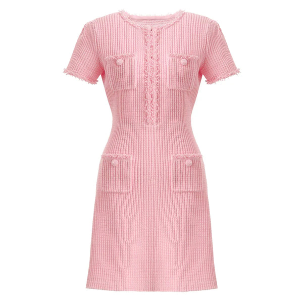 Elegant Knitted Beaded Short a Line Dresses Women Short Sleeve Formal Event Party Outfit Luxury Pink Tweed Mini Dress With Pearl Winteres