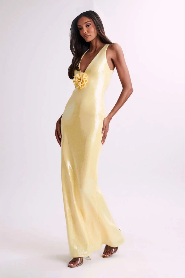 Women's Luxury Sexy Sequin Slit Three-dimensional Flower Dress Hollowed-out Backless Party Dress Winteres
