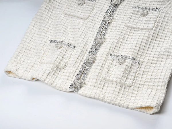 Cardigan décontracté d'hiver automne 2025 pour femmes, pull tricoté avec col en V, manches longues, strass et simple boutonnage.