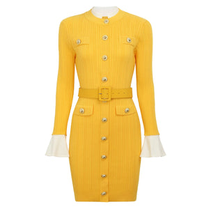 A10712 Migugarment High Quality Fashionable Knitted Mini Dresses Golden Button and Pocket  Decoration Long Sleeve Casual Dresses Winteres