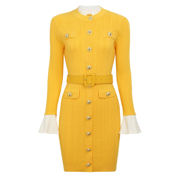 A10712 Migugarment High Quality Fashionable Knitted Mini Dresses Golden Button and Pocket  Decoration Long Sleeve Casual Dresses Winteres