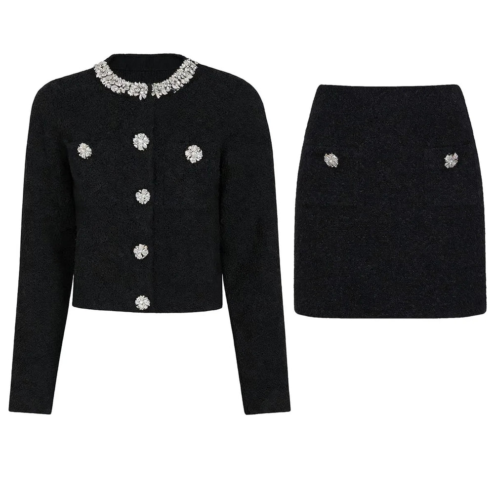 Crystal O-Neck Cardigan & Mini Skirt Set Winteres