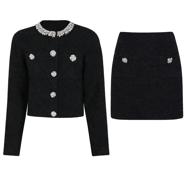Crystal O-Neck Cardigan & Mini Skirt Set Winteres