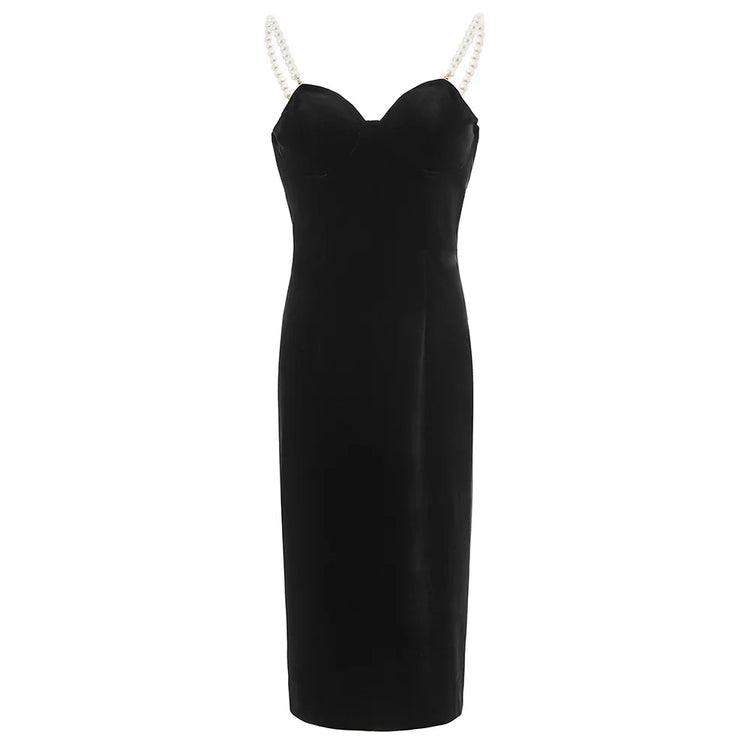Black dress with pearl straps on a white background