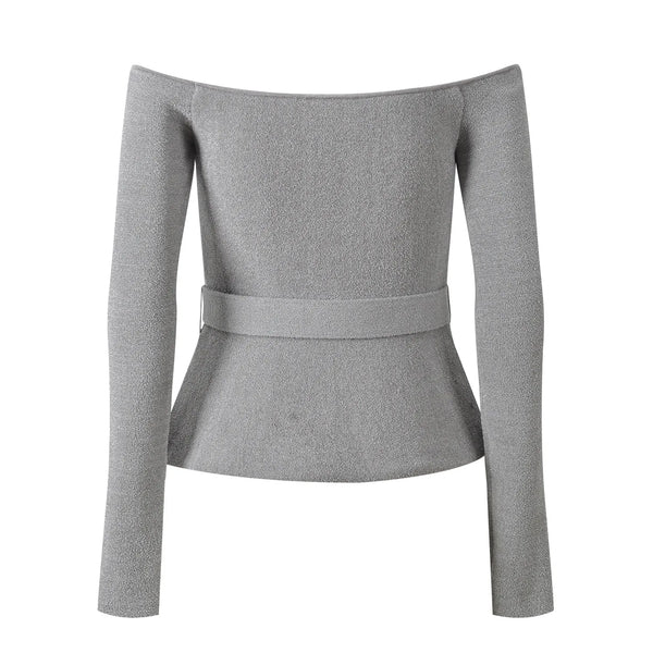 Gray long-sleeve top with a belt on a white background