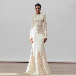 Fashion Luxury High Quality Vintage Elegant Hook Flower Fishtail White Dress 2024 Winter New Tight Banquet Evening Dress Winteres