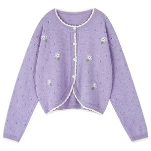 Hollow-Out Embroidered Button Knit Cardigan Winteres