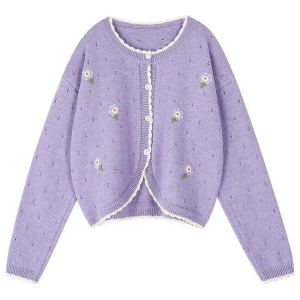 Hollow-Out Embroidered Button Knit Cardigan Winteres
