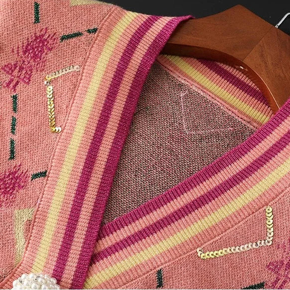 Puff-Sleeve Jacquard Sequin Snap Cardigan Winteres