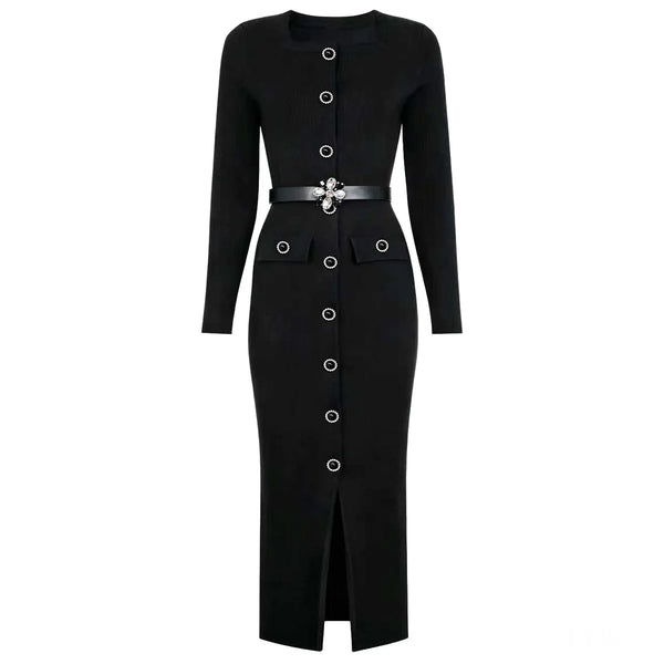 Black dress with silver buttons and belt on a white background