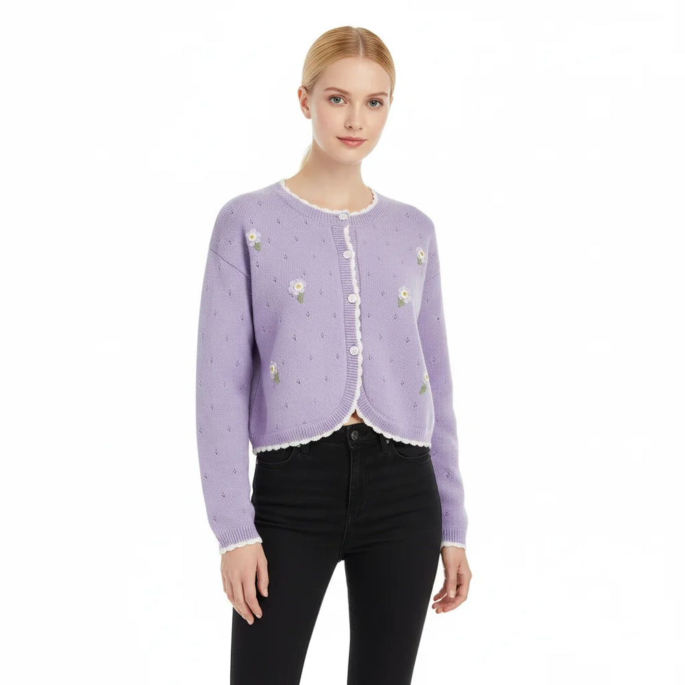 Hollow-Out Embroidered Button Knit Cardigan Winteres