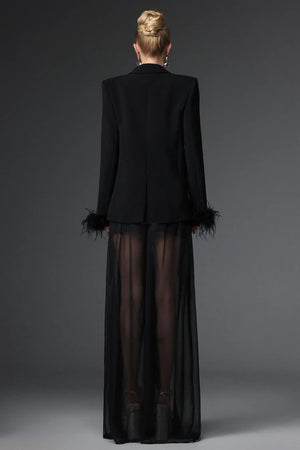 Woman wearing an elegant black IZeren Maxi Dress featuring sheer fabric and feather details.