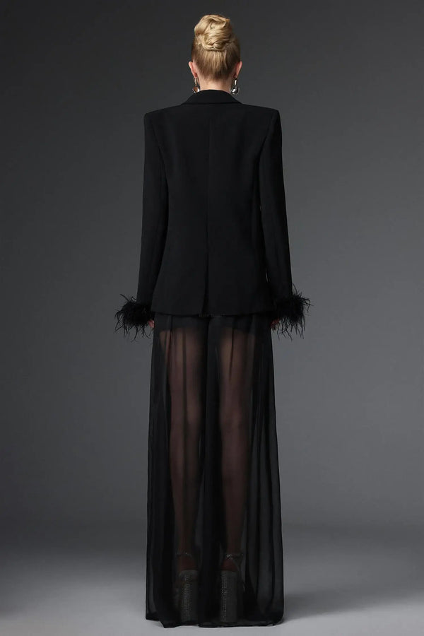 Woman wearing an elegant black IZeren Maxi Dress featuring sheer fabric and feather details.