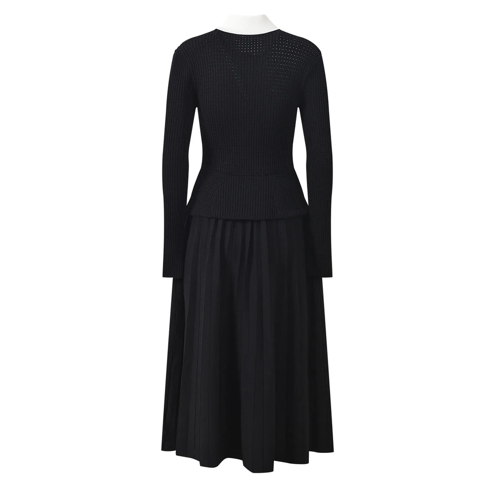 Black dress with white collar on a white background