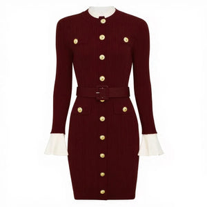A10712 Migugarment High Quality Fashionable Knitted Mini Dresses Golden Button and Pocket  Decoration Long Sleeve Casual Dresses Winteres