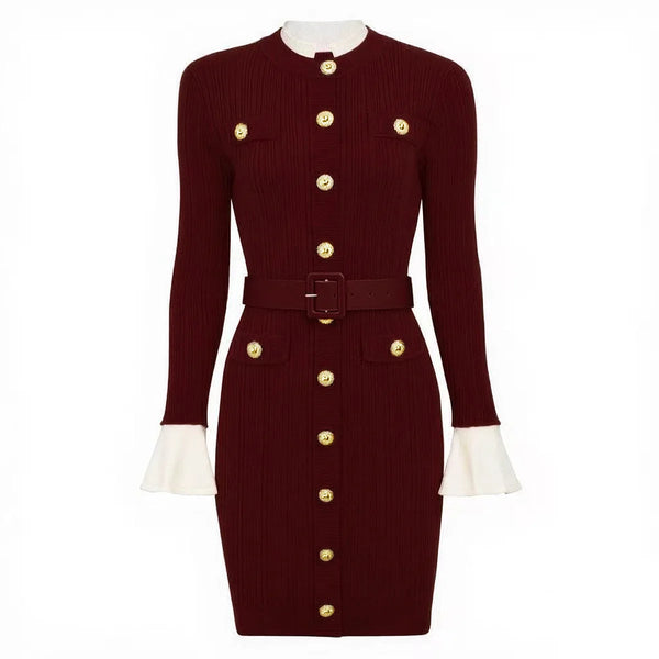 A10712 Migugarment High Quality Fashionable Knitted Mini Dresses Golden Button and Pocket  Decoration Long Sleeve Casual Dresses Winteres