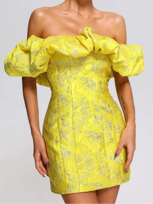 BEISHI Fashion Womens Clothing Off Shoulder Ruffles Jacquard Yellow Strapless Mini Bodycon Dresses Party Club Winteres