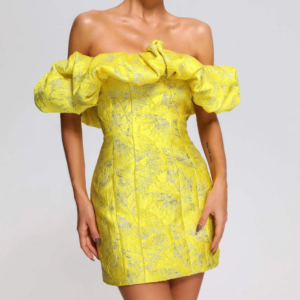 BEISHI Mode Femmes Vêtements Épaules Dénudées Volants Jacquard Jaune Bustier Mini Robes Moulantes Soirée Club