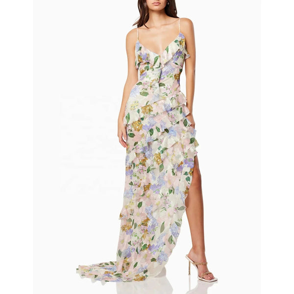 New Sexy Spaghetti Straps Floral Printed Ruffle Long Dress Women Sleeveless V Neck Printing Slim Dresses Beach Party Holiday Winteres