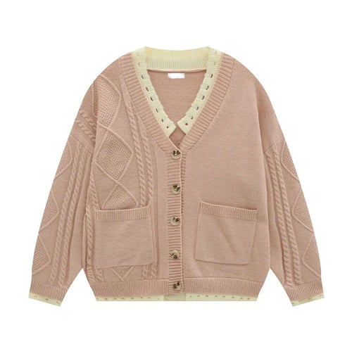 Pull en tricot pour femme, col en V, grandes tailles, manches longues, épaules tombantes, gilet en maille torsadée boutonnée