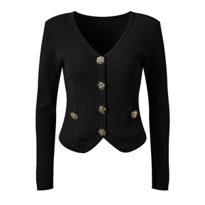 Black cardigan with gold buttons on a white background