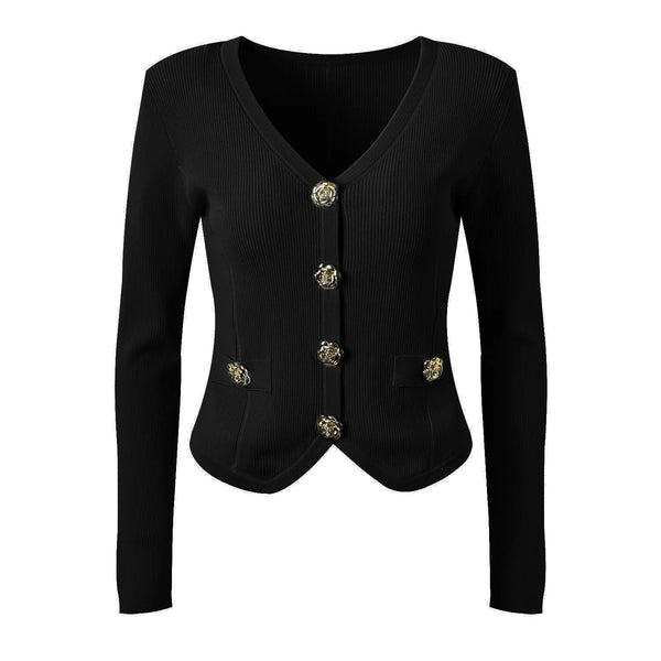 Black cardigan with gold buttons on a white background