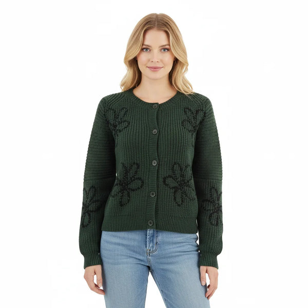 Intarsia Button Crew-Neck Knit Cardigan Winteres