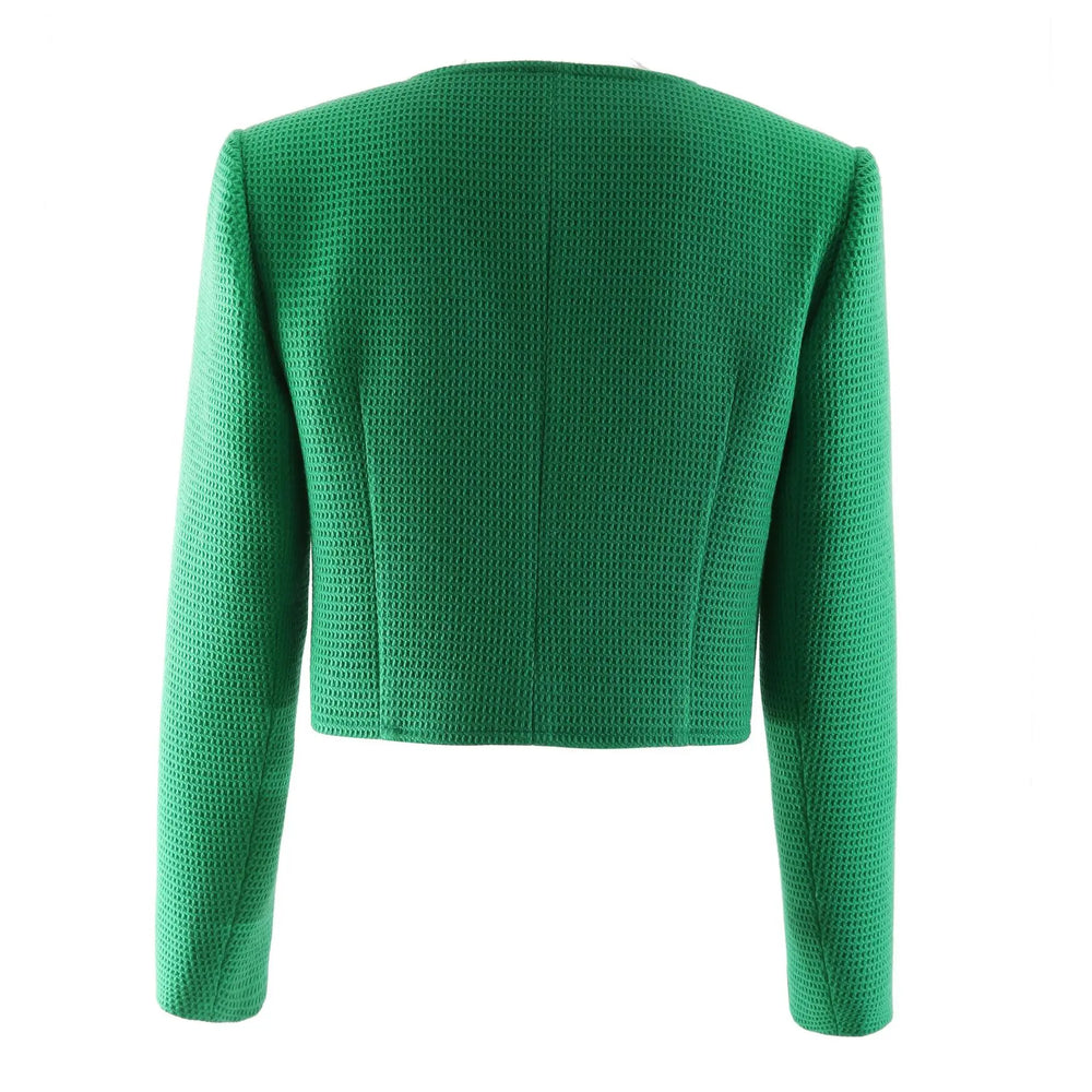 Green textured jacket with button details on a white background