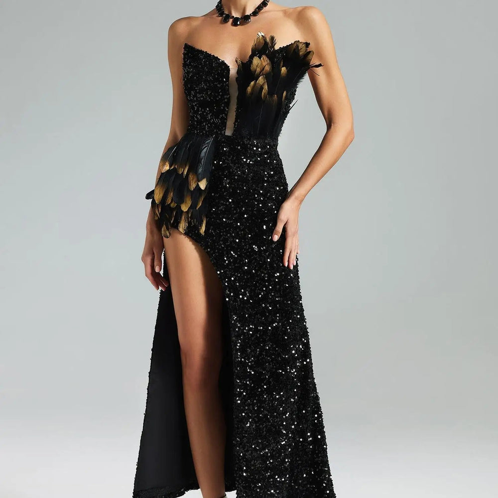 Soloma Rebel Sequins Feather Slit Maxi Dress Winteres