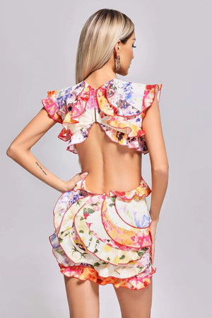 BEISHI 2024 New Arrival Women Cutout Flounced Printed Mini Dress Winteres