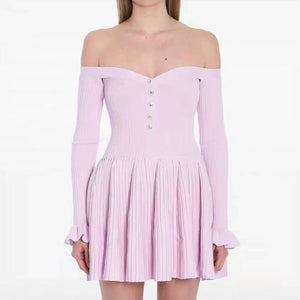 Lavender off-shoulder dress with long sleeves on a white background