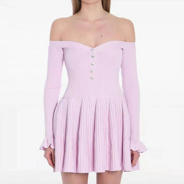 Lavender off-shoulder dress with long sleeves on a white background