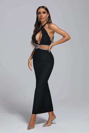 Wholesale Black Sexy Party Club Maxi Backless Bodycon Rhinestone Bandage Dresses for Women Winteres