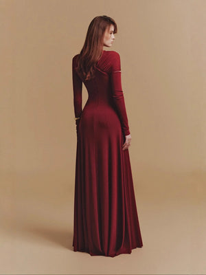 2025 New Casual Niche Style Solid Color Design Cross Pleated A-Line Midi Dress with Natural Waist Anti-Static Woven Fabric