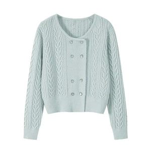 Cable Double-Breasted Crew-Neck Cardigan