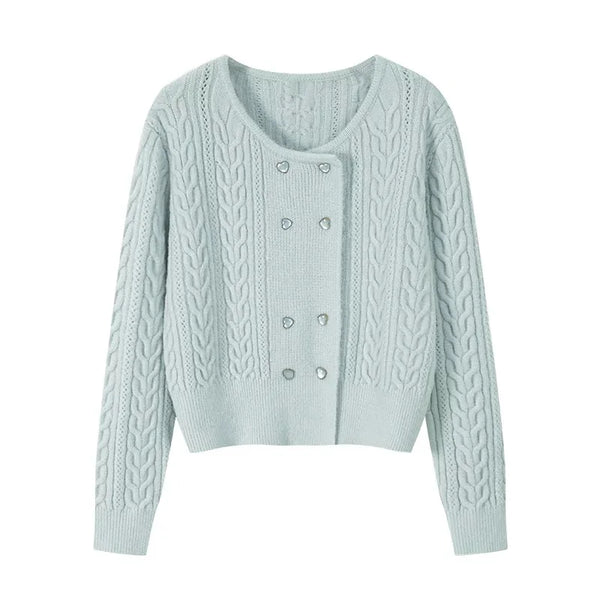 Cable Double-Breasted Crew-Neck Cardigan