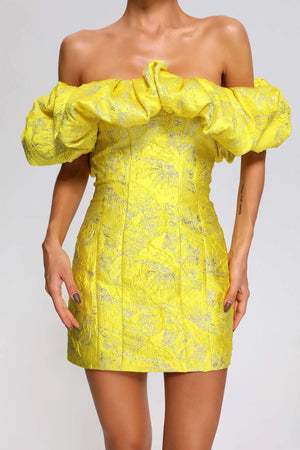 BEISHI Mode Femmes Vêtements Épaules Dénudées Volants Jacquard Jaune Bustier Mini Robes Moulantes Soirée Club