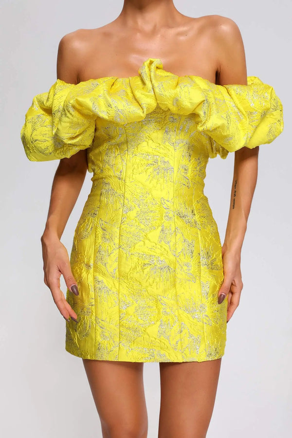 BEISHI Mode Femmes Vêtements Épaules Dénudées Volants Jacquard Jaune Bustier Mini Robes Moulantes Soirée Club