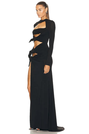 New Summer Women'S Black Sexy Long Sleeve Hollow Tight High Split Long Dress Elegant Celebrity Formal Occasion Party Dress Robes Winteres