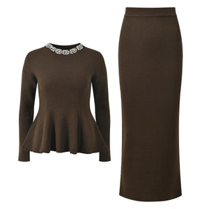 Brown ribbed top and skirt set on a white background