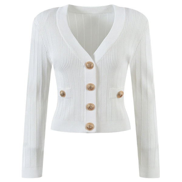 White ribbed knit cardigan with gold buttons on a white background