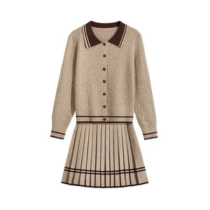 Polo-Neck Jacquard Preppy Knit & Skirt Set Winteres