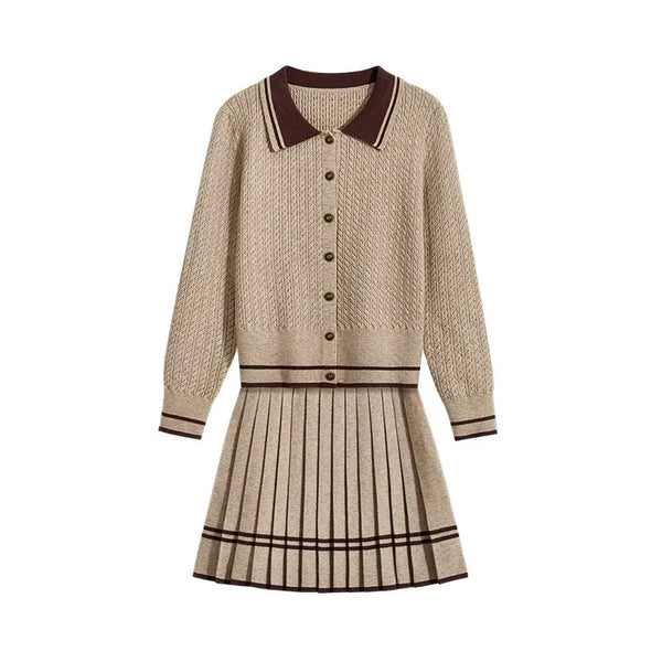 Polo-Neck Jacquard Preppy Knit & Skirt Set Winteres