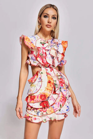 BEISHI 2024 New Arrival Women Cutout Flounced Printed Mini Dress Winteres