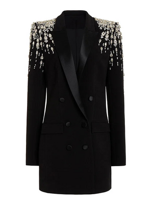 Black blazer with embellished shoulders on a white background