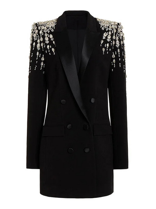 Black blazer with embellished shoulders on a white background