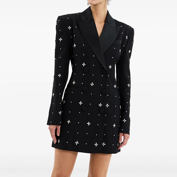 Luxury Oem Clothing Manufacturer Beaded Rhinestone Black Suit Short Dress Formal Wear Women Elegant Ladies blazer Jacket Dress Winteres